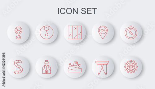 Set line Ship steering wheel, Worm, Folded map, Folding chair, Spring scale, Fishing hook, Fisherman and boat on water icon. Vector