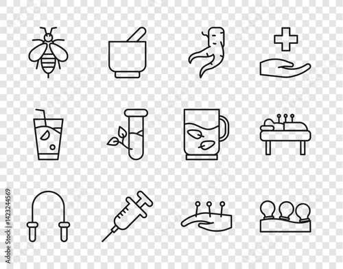 Set line Jump rope, Vacuum cans, Ginger root, Syringe, Bee, Laboratory glass and leaves, Acupuncture therapy and icon. Vector