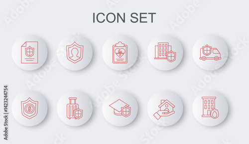 Set line Fire in burning house, Shield with dollar, Health insurance, House, Contract shield, Life, Travel suitcase and Graduation cap icon. Vector