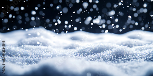 A mesmerizing snowfall captured on a smooth layer of snow featuring glistening particles in the air