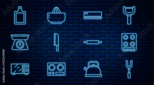Set line Barbecue fork, Gas stove, Air conditioner, Knife, Scales, Cutting board, Rolling pin and Citrus fruit juicer icon. Vector