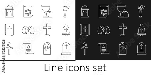 Set line Tombstone with cross, Church bell, Holy grail or chalice, Easter egg, bible book, Muslim Mosque, Christian and Jewish calendar icon. Vector