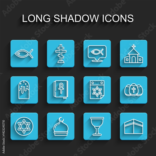 Set line Star of David, Muslim Mosque, Christian fish, Holy grail or chalice, Kaaba mosque, Cross ankh book, Easter egg and Jewish calendar icon. Vector