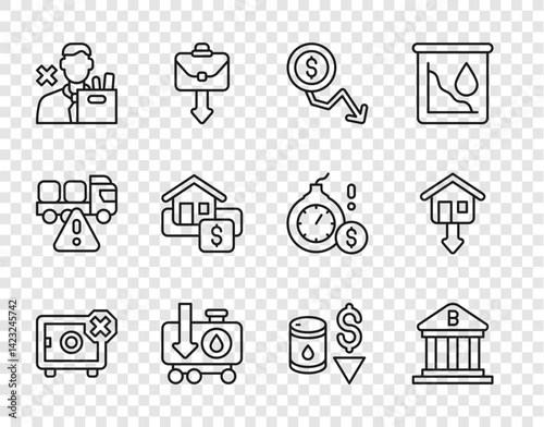 Set line Safe, Bank building, Dollar rate decrease, Drop crude oil price, Employee dismissal, Hanging sign with Sale, and Falling property prices icon. Vector