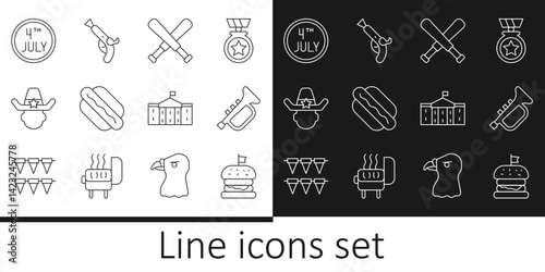 Set line Burger, Trumpet, Crossed baseball bat, Hotdog sandwich, Sheriff cowboy, Calendar with date July 4, United States Capitol Congress and Vintage pistols icon. Vector