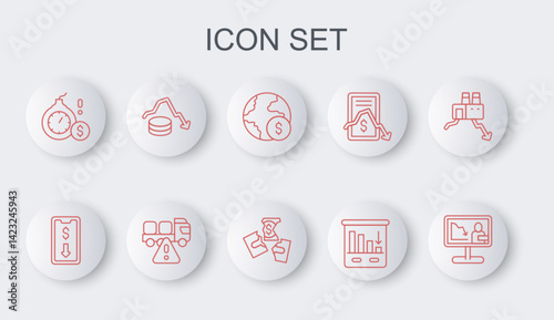 Set line Global economic crisis news, Mobile stock trading, Pie chart infographic, Money bomb dollar, Dollar rate decrease, Stop delivery cargo truck and Tearing money banknote icon. Vector