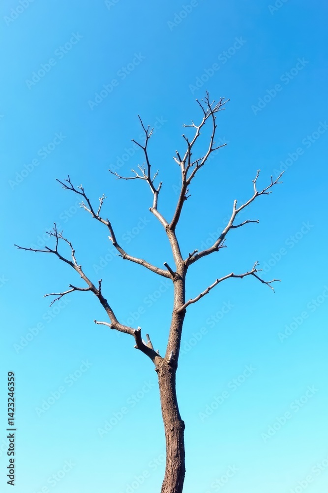 A single, bare tree branch against a bright blue sky on white, branch, bare A single, bare tree branch against a bright blue sky on white, branch, bare