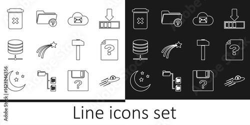 Set line UFO flying spaceship and alien, Unknown document, Cloud mail server, Falling star, Server, Data, Web Hosting, Trash can, Hammer and directory icon. Vector
