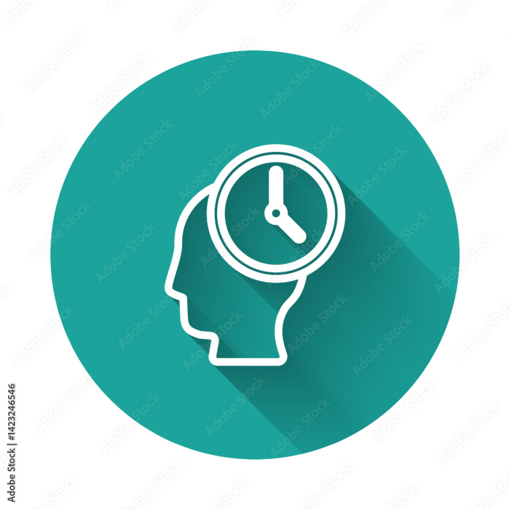 White line Time Management icon isolated with long shadow. Clock and gear sign. Productivity symbol. Green circle button. Vector White line Time Management icon isolated with long shadow. Clock and gear sign. Productivity symbol. Green circle button. Vector