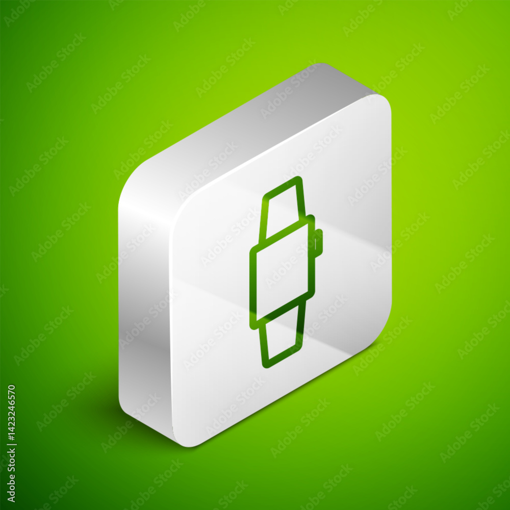 Isometric line Smartwatch icon isolated on green background. Silver square button. Vector Isometric line Smartwatch icon isolated on green background. Silver square button. Vector
