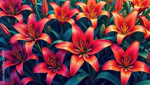 Intricate line art lilies, densely packed, forming a vibrant repeating design , white, vector, monochrome