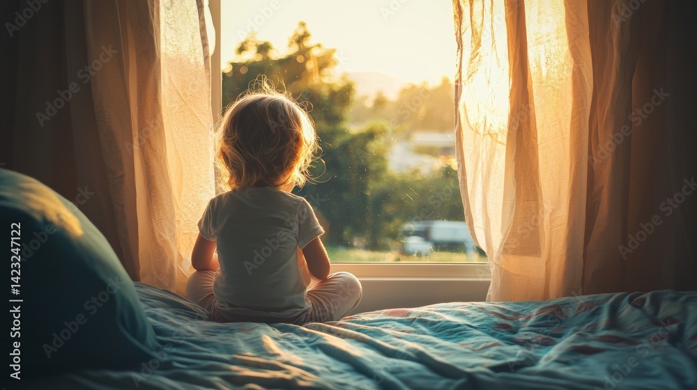Child observes sunset from bedroom window, experiencing the beauty of nature during golden hour Child observes sunset from bedroom window, experiencing the beauty of nature during golden hour