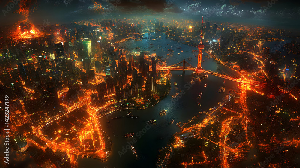 Aerial View of a City at Night Illuminated in Orange and Red Aerial View of a City at Night Illuminated in Orange and Red