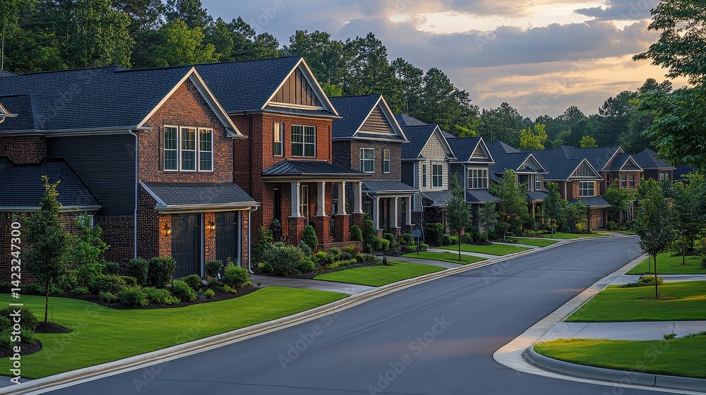 Suburban homes line a tree-lined street at golden hour.