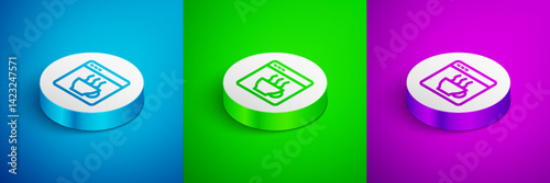 Isometric line Software, web developer programming code icon isolated on blue, green and purple background. Javascript computer script random parts of program code. White circle button. Vector