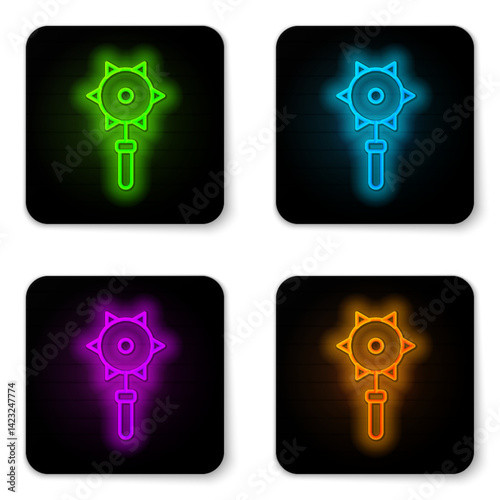 Glowing neon line Medieval chained mace ball icon isolated on white background. Medieval weapon. Black square button. Vector