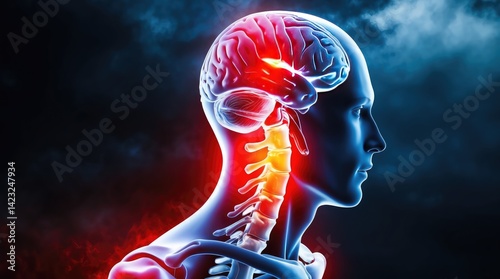 A dramatic and conceptual illustration of human anatomy showcasing the spine and brain, emphasizing pain, with glowing red against a dark blue, ominous backdrop