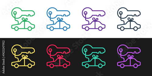 Set line Car gift icon isolated on black and white background. Car key prize. Vector