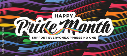 Happy Pride month text cross pride ribbon on Abstract long line rainbow line curve texture background vector design