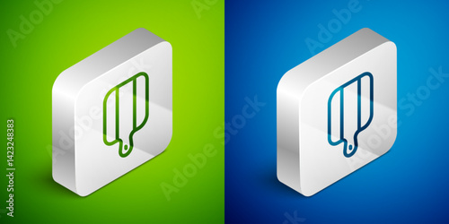 Isometric line Cutting board icon isolated on green and blue background. Chopping Board symbol. Silver square button. Vector