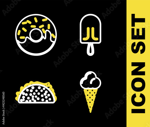 Set line Ice cream, in waffle cone, Taco with tortilla and Donut icon. Vector