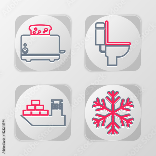 Set line Snowflake, Cargo ship, Toilet bowl and Toaster with toasts icon. Vector