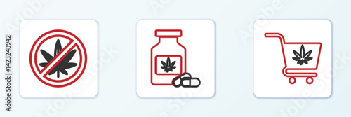 Set line Shopping cart with marijuana, Stop and Medical bottle icon. Vector