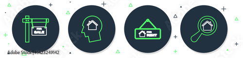 Set line Man dreaming about buying house, Hanging sign with For Rent, Sale and Search icon. Vector