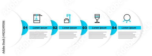 Set line Old keys, Medieval goblet, Executioner axe in tree block and Well with bucket icon. Vector