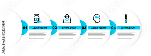 Set line Anal beads, Head with 18 plus, Shopping bag heart and Bottle pills for potency icon. Vector