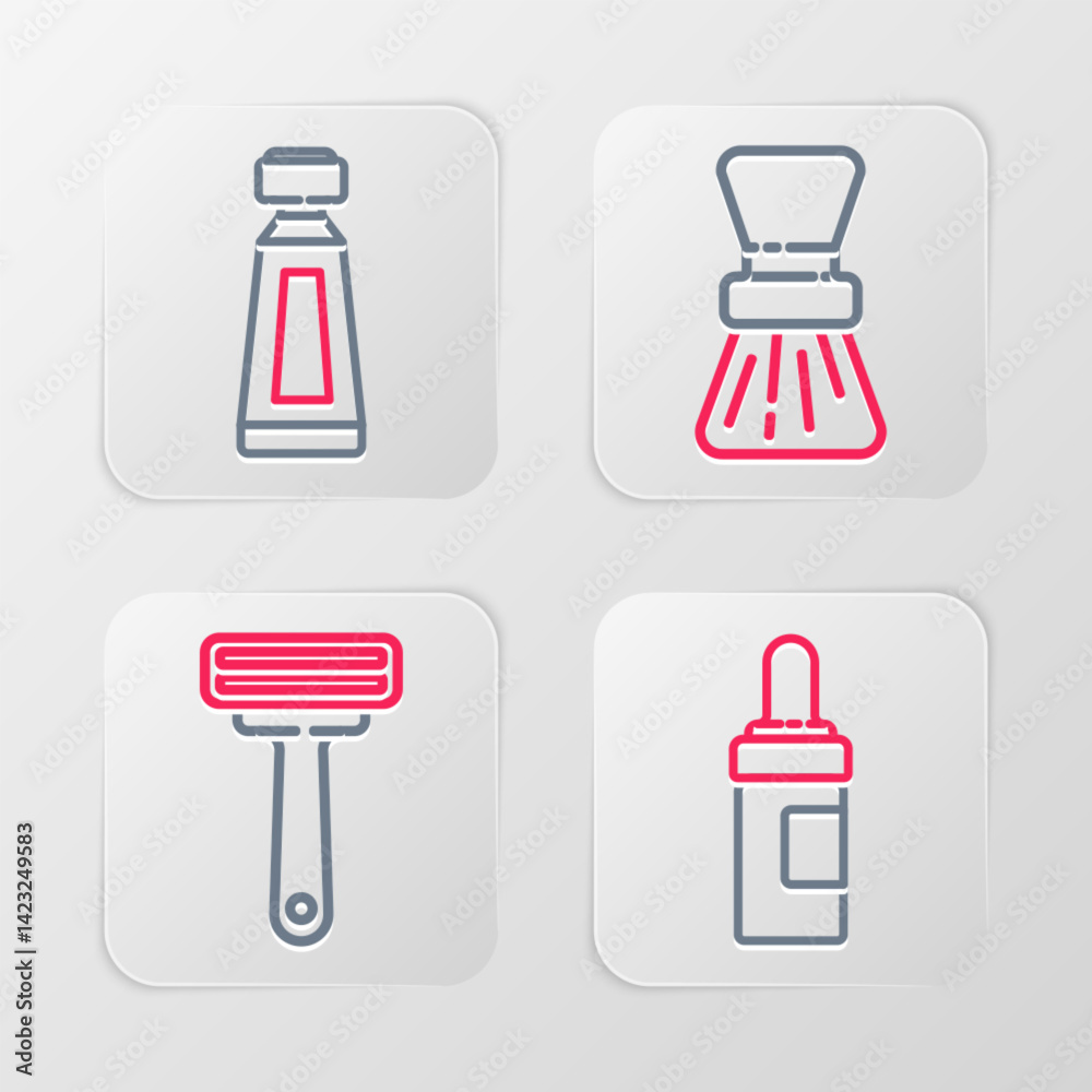Set line Beard and mustaches care oil bottle, Shaving razor, brush and Cream lotion cosmetic tube icon. Vector