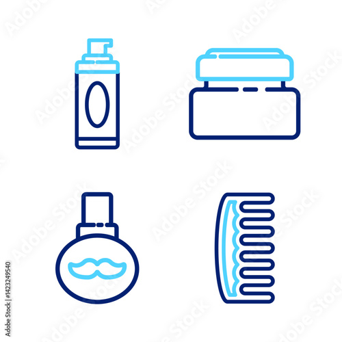 Set line Hairbrush, Beard and mustaches care oil bottle, Cream or lotion cosmetic tube and Shaving gel foam icon. Vector
