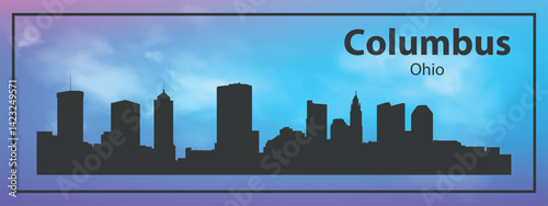 Black silhouette of the Columbus, Ohio city skyline against a realistic blue sky with white clouds