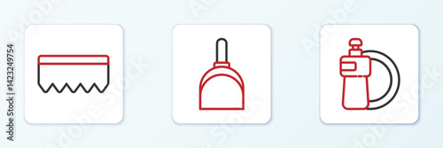 Set line Dishwashing liquid bottle and plate, Sponge with bubbles and Dustpan icon. Vector