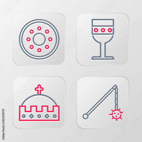Set line Medieval chained mace ball, King crown, goblet and Round wooden shield icon. Vector