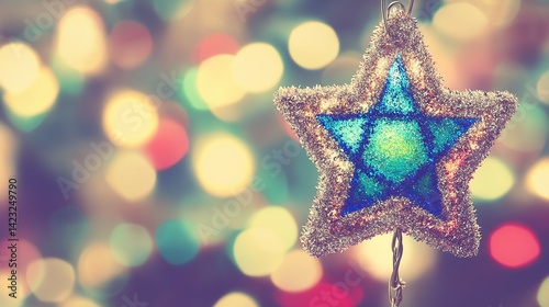 Teal star ornament hangs before blurred Christmas lights