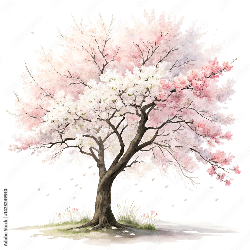 Fototapeta premium Watercolor A vibrant and stunning cherry tree isolated on transparent background