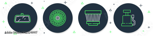 Set line Alloy wheel, Car air filter, mirror and pump icon. Vector