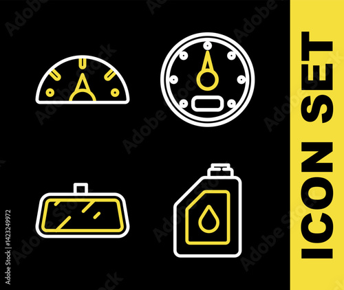 Set line Speedometer, Canister for motor oil, Car mirror and icon. Vector