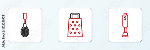 Set line Blender, Kitchen whisk and Grater icon. Vector