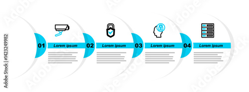 Set line Server, Data, Web Hosting, Human head with lock, Lock and check mark and Security camera icon. Vector