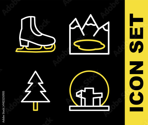 Set line Canadian lake, Montreal Biosphere, Christmas tree and Skates icon. Vector