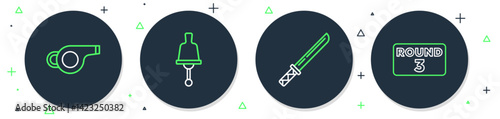 Set line Ringing bell, Japanese katana, Whistle and Boxing ring board icon. Vector