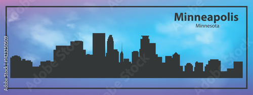 Silhouette of the Minneapolis skyline, Minnesota, USA. The view of the city skyline is set against a blue sky with a purple gradient, which creates an atmosphere of calm and evening comfort.