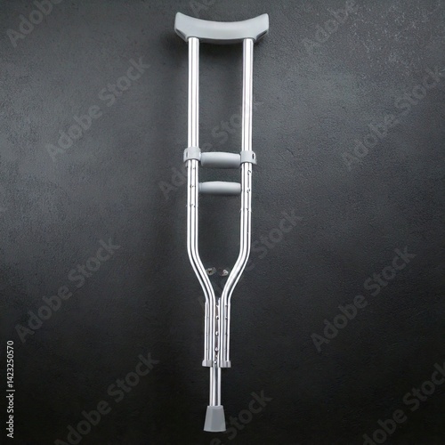 Aluminum Crutch with Gray Rubber Grip in Flat Lay Composition