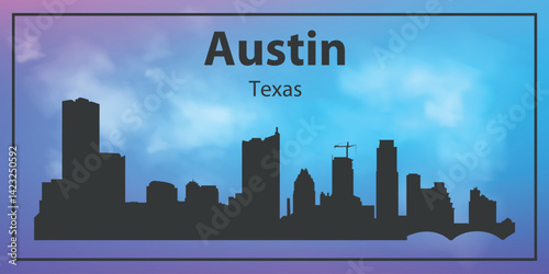 Silhouette of the Austin skyline, Texas, USA. The view of the city skyline is set against a blue sky with a purple gradient, which creates an atmosphere of calm and evening comfort.