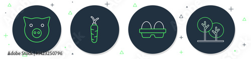 Set line Carrot, Chicken egg in box, Pig and Tree icon. Vector