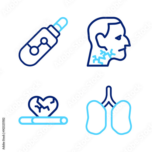 Set line Lungs, Heart disease with smoking, Throat cancer and Electronic cigarette icon. Vector