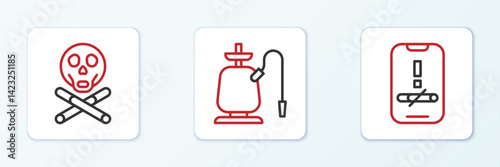 Set line No smoking, Bones and skull and Hookah icon. Vector