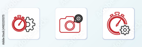 Set line Time management setting, and Photo camera icon. Vector